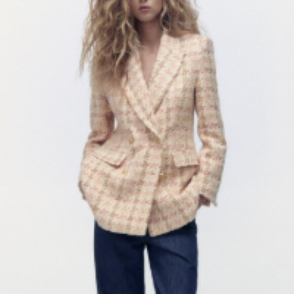 NWT Zara Pink Orange Metallic Houndstooth Tweed Double Breasted Blazer L